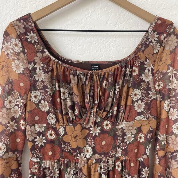 Womens Boho Milkmaid Dress Size M Brown Bell Sleeve Cottagecore Hippie Floral - Picture 4 of 16